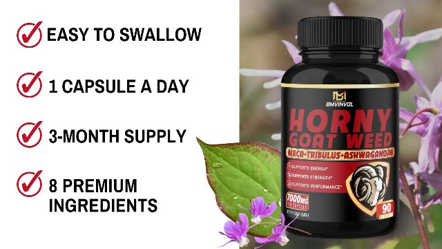 BMVINVOL Horny Goat Weed Capsules - 7000mg Herbal Equivalent - Maca, Ginseng, Tribulus Terrestris, Ashwagandha - Performance and Energy Support - 3 Months Supply